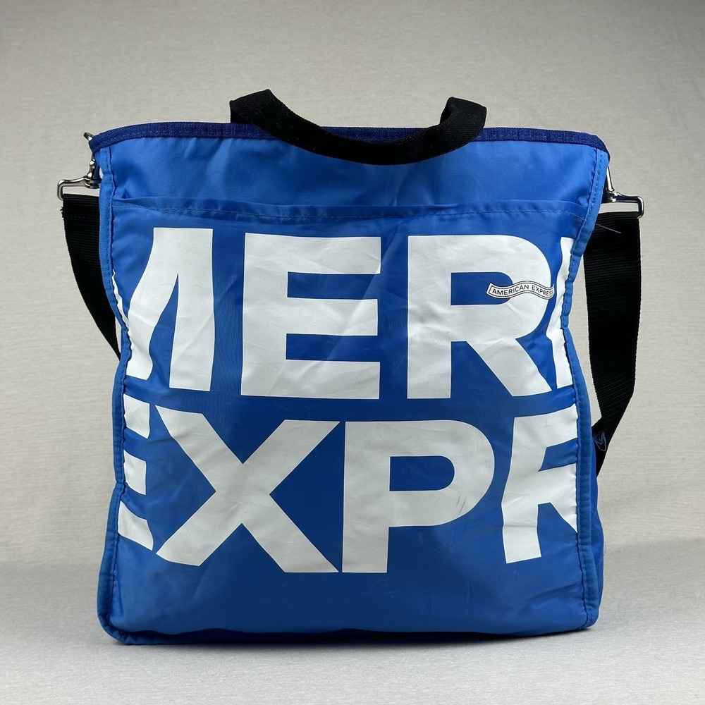 Vtg 90s American Express Tote Shoulder‎ Bag Blue White Block Letter Spell Out